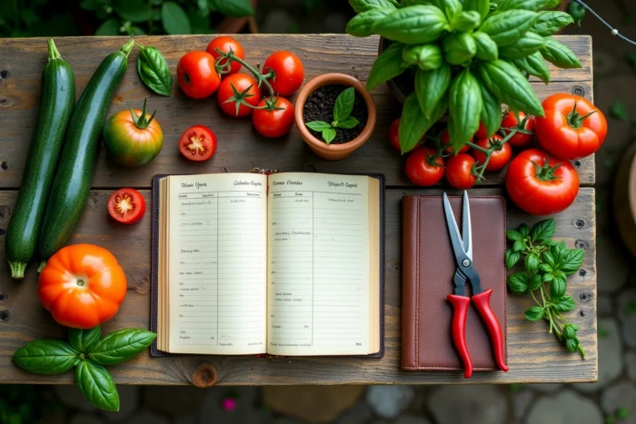 Vue de dessus d'une récolte de légumes biologiques et d'un journal de jardinage sur une table en bois rustique