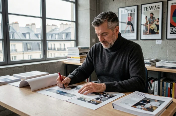 Rédacteur culturel parisien relisant des épreuves imprimées dans un bureau de magazine littéraire contemporain