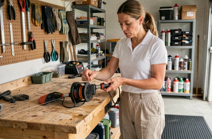Femme enfilant le fil de nylon dans la bobine d'un coupe-bordure Bosch sur un établi de garage