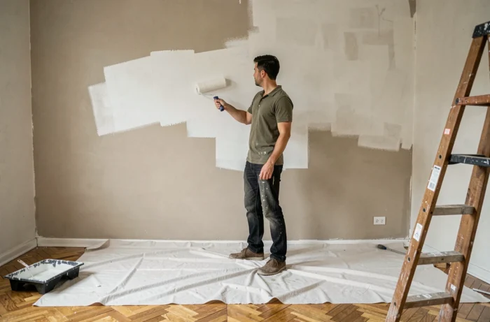 Homme peignant un mur de salon en blanc lors de travaux de rénovation intérieure DIY