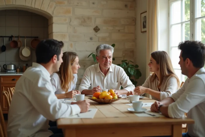 Scène de repas en famille dans un appartement parisien illustrant la vie familiale d'une personnalité médiatique française