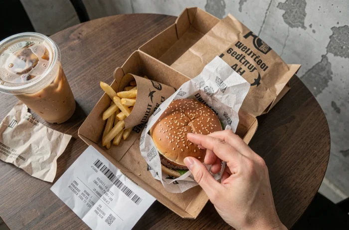 Repas livré à domicile déballé sur une table, comparaison qualité-prix entre Uber Eats et Deliveroo