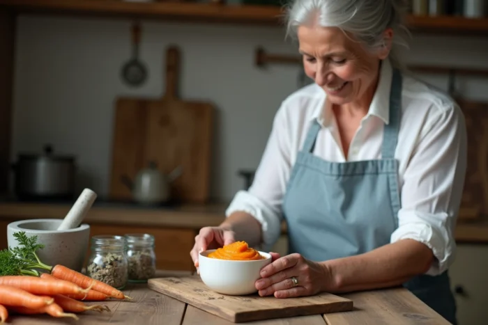 Grand-mère préparant une purée de légumes maison pour bébé dans une cuisine rustique avec des ingrédients naturels