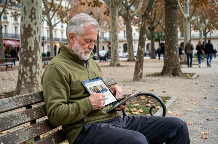 Homme retraité assis dans un parc consultant les démarches administratives de retraite sur une tablette numérique