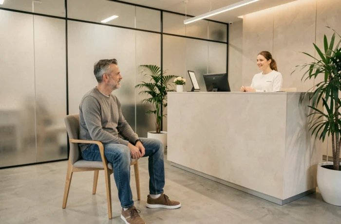 Patient discutant avec une réceptionniste dans la salle d'attente moderne d'une clinique privée à Lyon