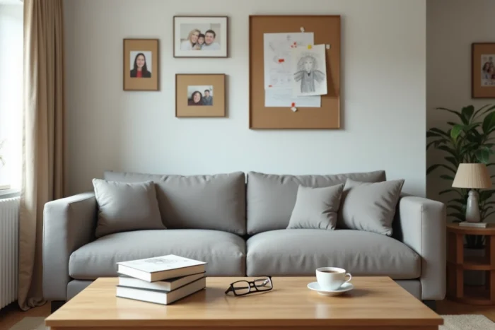 Salon familial intimiste avec photos personnelles encadrées évoquant la vie de famille d'une personnalité publique