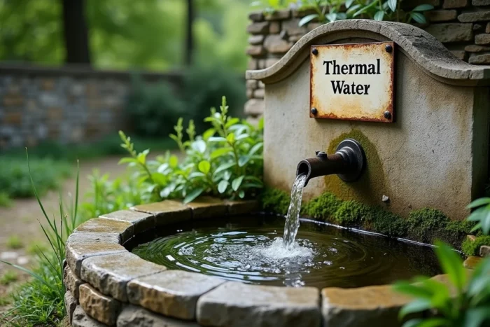 Source d'eau minérale thermale en pierre dans la campagne française, fontaine naturelle évoquant les eaux digestives traditionnelles
