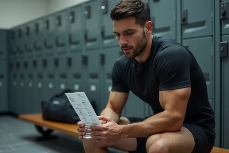 Sportif assis dans un vestiaire tenant ses résultats d'analyses sanguines avec un taux de transaminases élevé