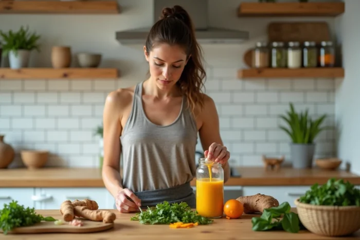 Sportive préparant un smoothie détox aux légumes verts pour réduire les transaminases après l'entraînement