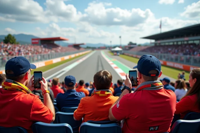 Supporters MotoGP consultant l'horaire du départ du Grand Prix dans les tribunes