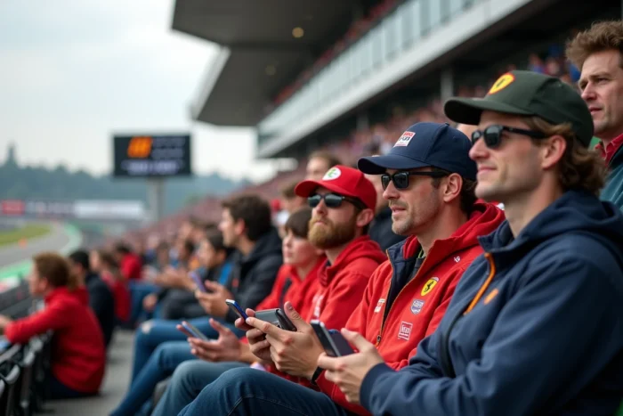 Supporters MotoGP dans les tribunes consultant les horaires de course sur smartphone avant le départ