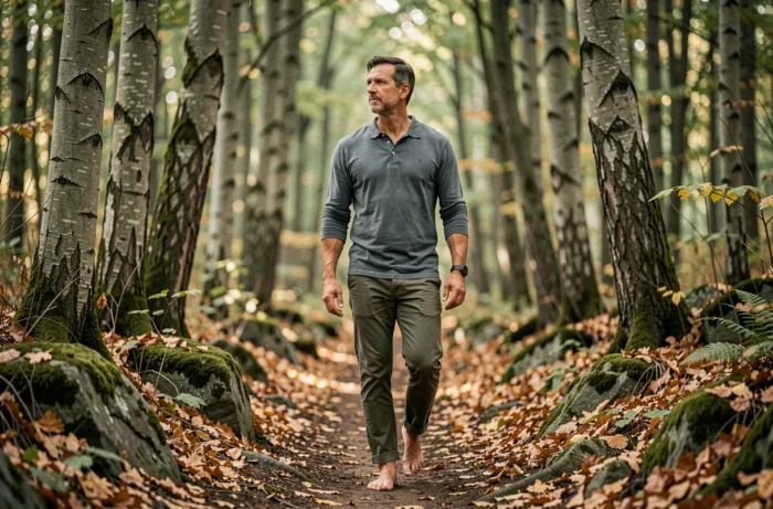 Homme marchant pieds nus dans une forêt de hêtres en automne, pratique de la sylvothérapie pour réduire le stress