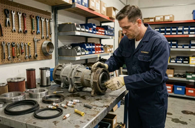 Technicien inspectant des pièces détachées SDMO sur un établi d'atelier professionnel