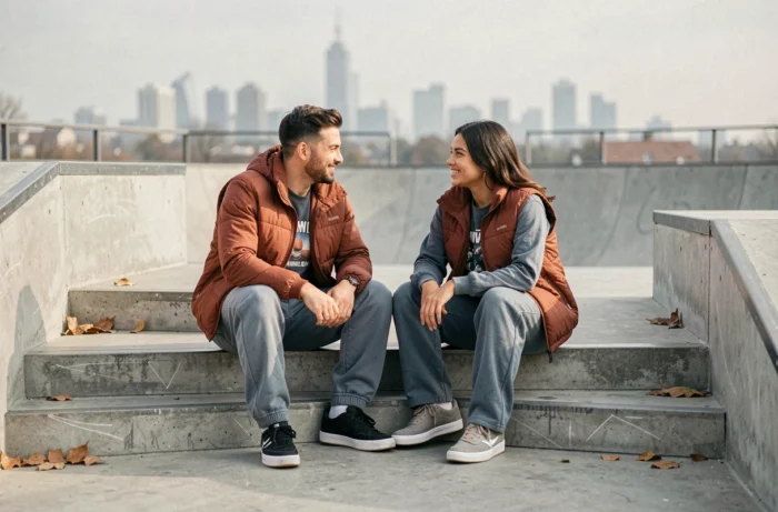 Deux amis en look streetwear coordonné avec puffer vests et track pants assis sur des marches en béton dans un skate plaza urbain