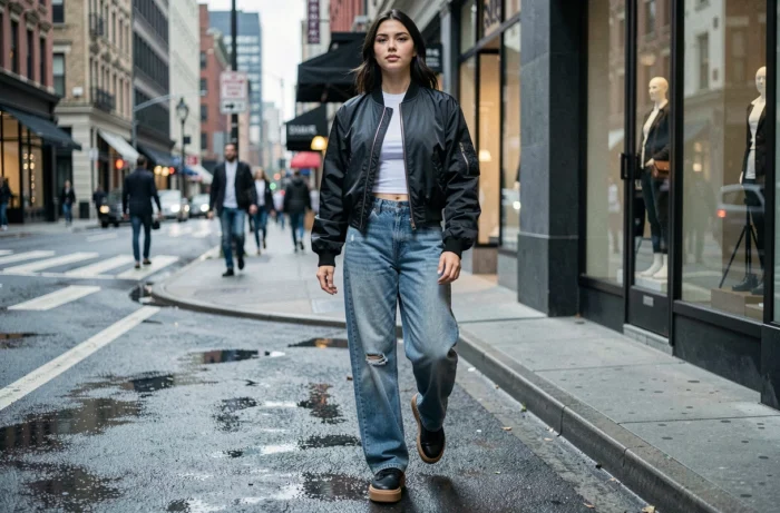 Jeune femme stylée en streetwear avec bomber jacket noir et baggy jeans marchant sur un trottoir urbain animé