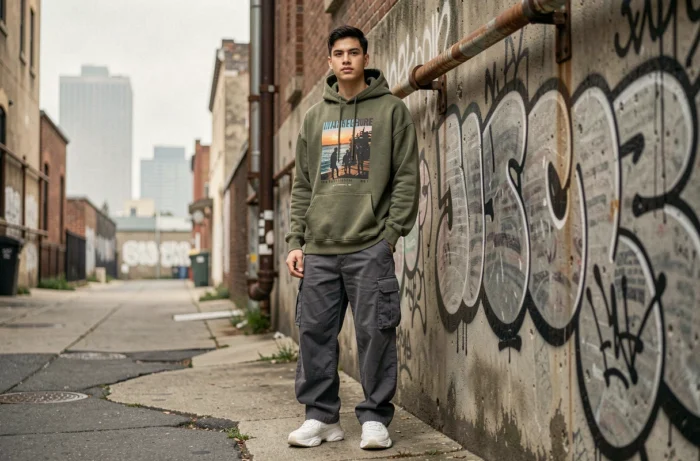 Jeune homme en look streetwear tendance avec hoodie oversize olive et cargo pants gris dans une ruelle urbaine avec street art