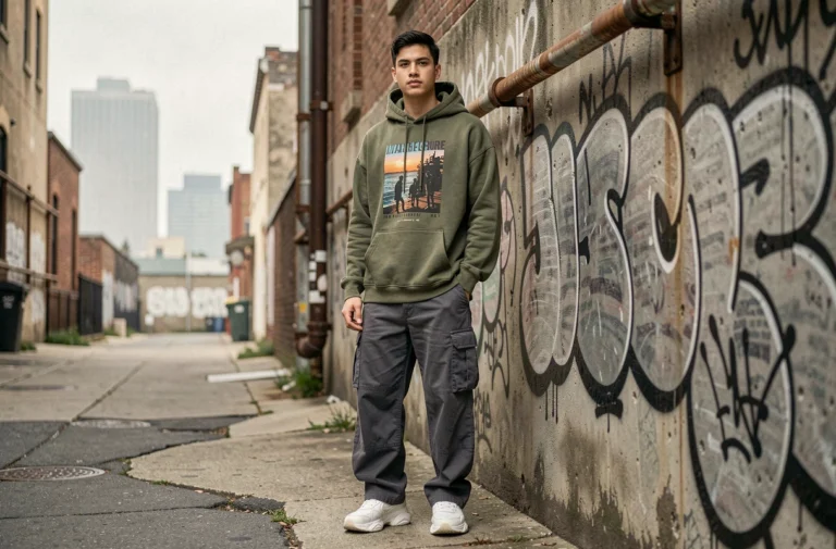 Jeune homme en look streetwear tendance avec hoodie oversize olive et cargo pants gris dans une ruelle urbaine avec street art