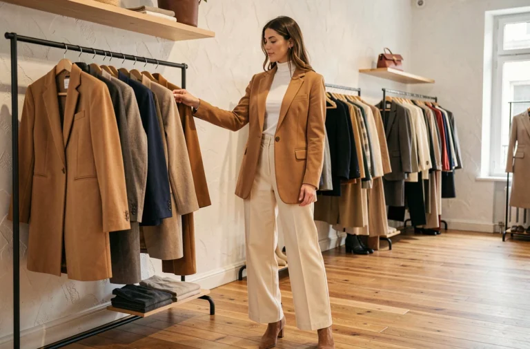 Femme élégante en blazer camel et pantalon large dans une boutique de mode parisienne minimaliste, explorant les nouvelles tendances de la saison