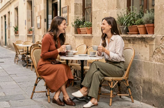 Deux femmes en tenues tendance automne-hiver attablées dans un café européen, portant des pièces mode de saison comme jupe midi et pantalon large