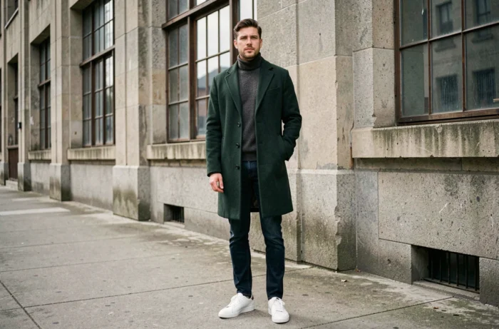Homme stylé en manteau vert forêt et jean slim dans un environnement urbain brutaliste, illustrant les tendances mode masculine de la saison