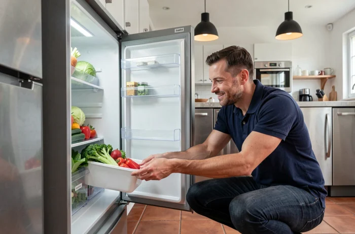 Homme inspectant l'intérieur d'un réfrigérateur Saba ouvert dans une cuisine contemporaine, test de qualité électroménager