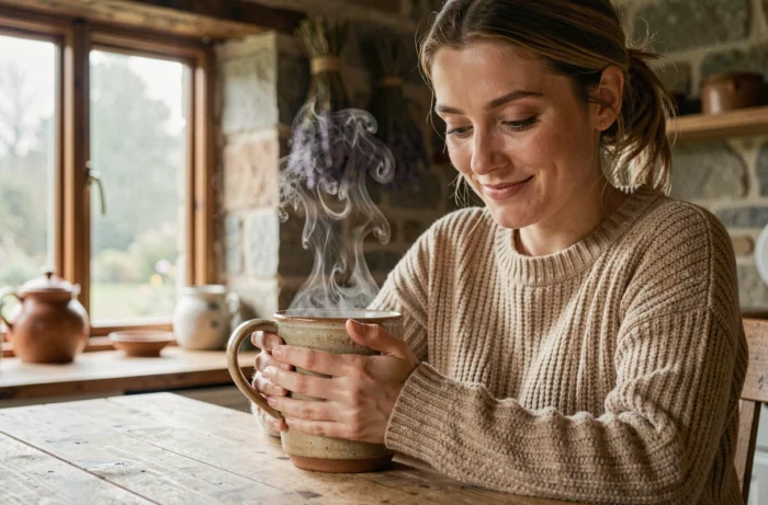 Jeune femme savourant une tisane dans une cuisine en pierre à la campagne, méthode naturelle de relaxation et réduction du stress