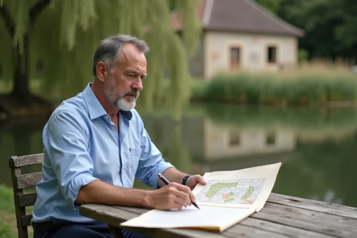 Propriétaire examinant des documents juridiques pour la vente d'un étang en milieu rural