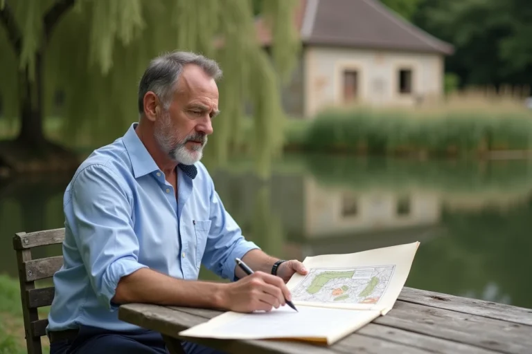 Propriétaire examinant des documents juridiques pour la vente d'un étang en milieu rural