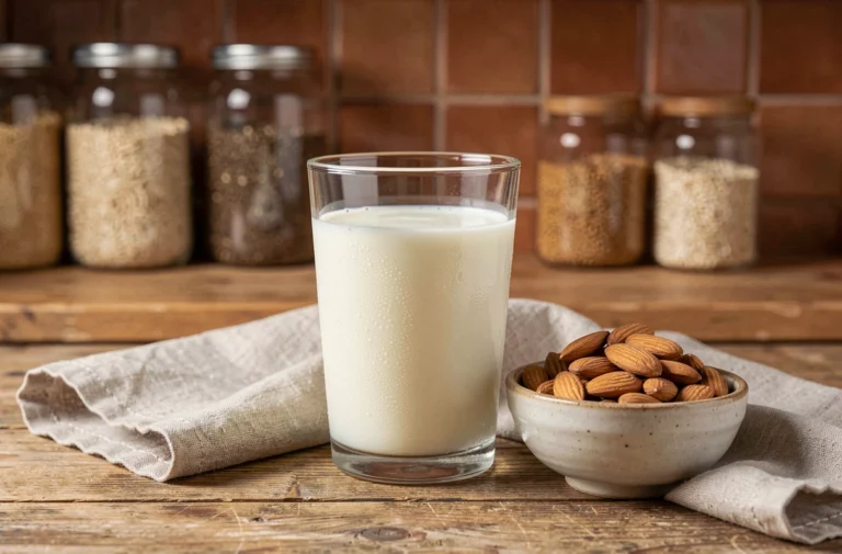 Verre de lait entier posé sur un comptoir en bois rustique avec des amandes dans un bol en céramique, illustrant la richesse protéique du lait entier