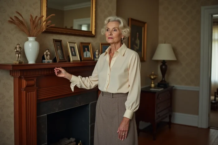 Femme âgée debout devant une cheminée vintage ornée de portraits de famille dans un salon américain classique, illustrant la vie privée et les secrets de la famille Disney