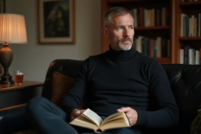 Homme posé et introverti dans un intérieur discret et raffiné, loin des projecteurs et des médias