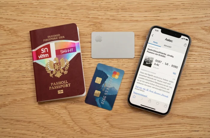 Vignette autoroutière suisse posée sur une table avec passeport français et carte bancaire pour achat en ligne
